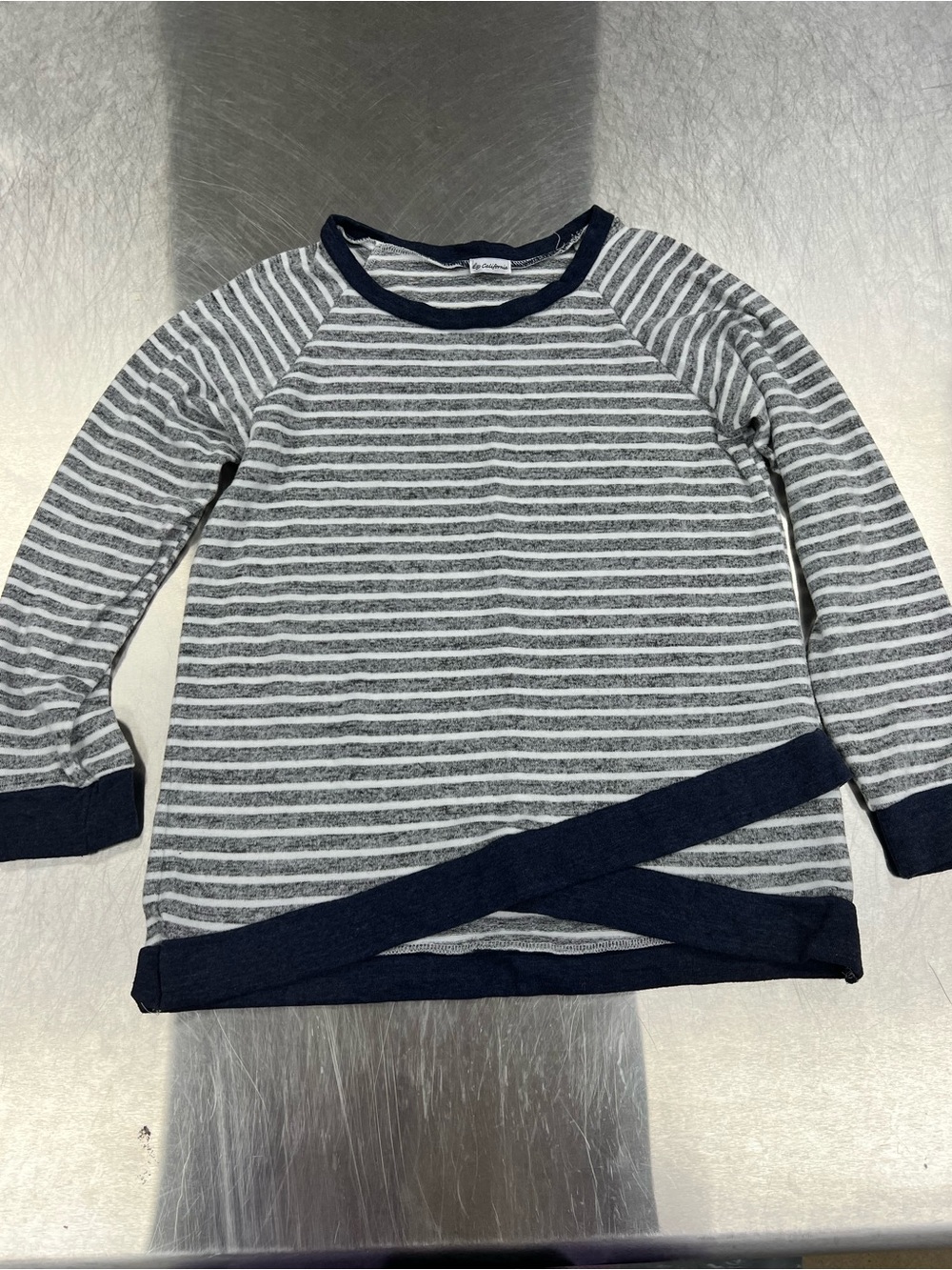Egy California Gray & White Striped Long-Sleeve Tee with Navy Trim Women’s M
